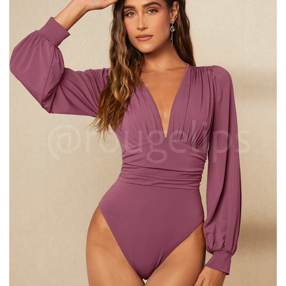 Rouge! Tops - Dusty Mauve Elegant V neck Bodysuit Long Bishop Sleeves Stretchy Ruched Waist
